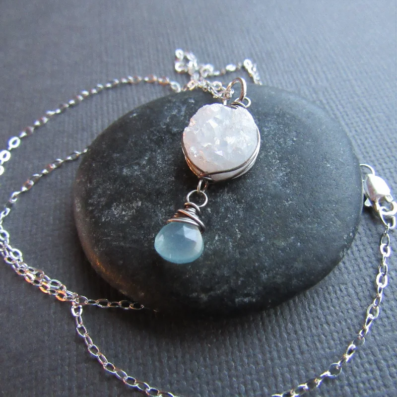 White Druzy & Aqua Chalcedony  Necklace