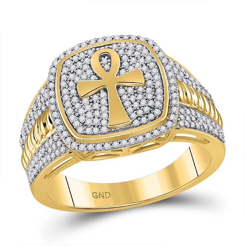 10kt Yellow Gold Mens Round Diamond Ankh Cross Ring 5/8 Cttw