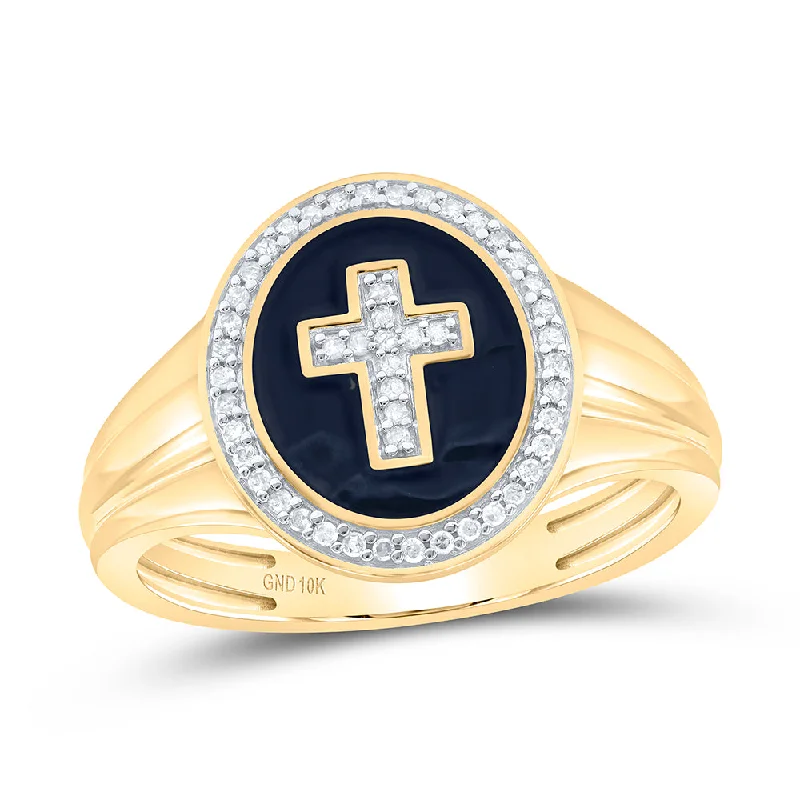 10kt Yellow Gold Mens Round Diamond Oval Cross Ring 1/6 Cttw