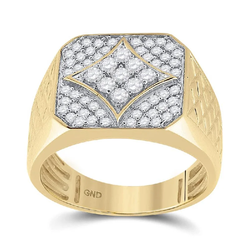 10kt Yellow Gold Mens Round Diamond Square Cluster Textured Ring 3/4 Cttw