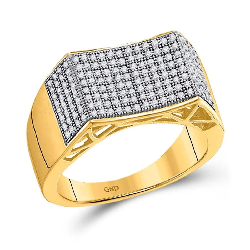 10kt Yellow Gold Mens Round Pave-set Diamond Concave Rectangle Cluster Ring 1/2 Cttw