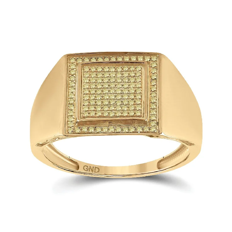 10kt Yellow Gold Mens Round Yellow Color Enhanced Diamond Square Cluster Ring 1/4 Cttw