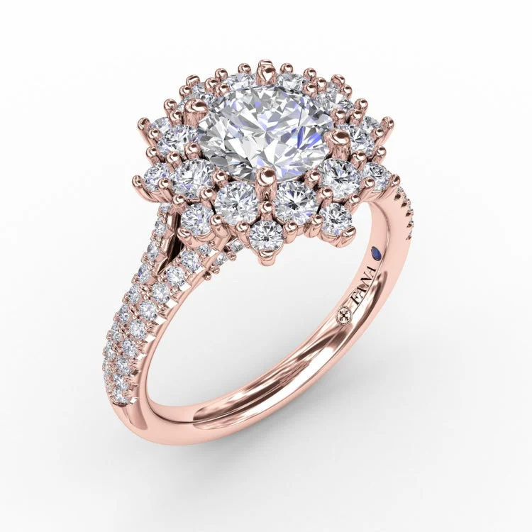 Contemporary Floral Halo Engagement Ring With Double-Row PavÃ© Band