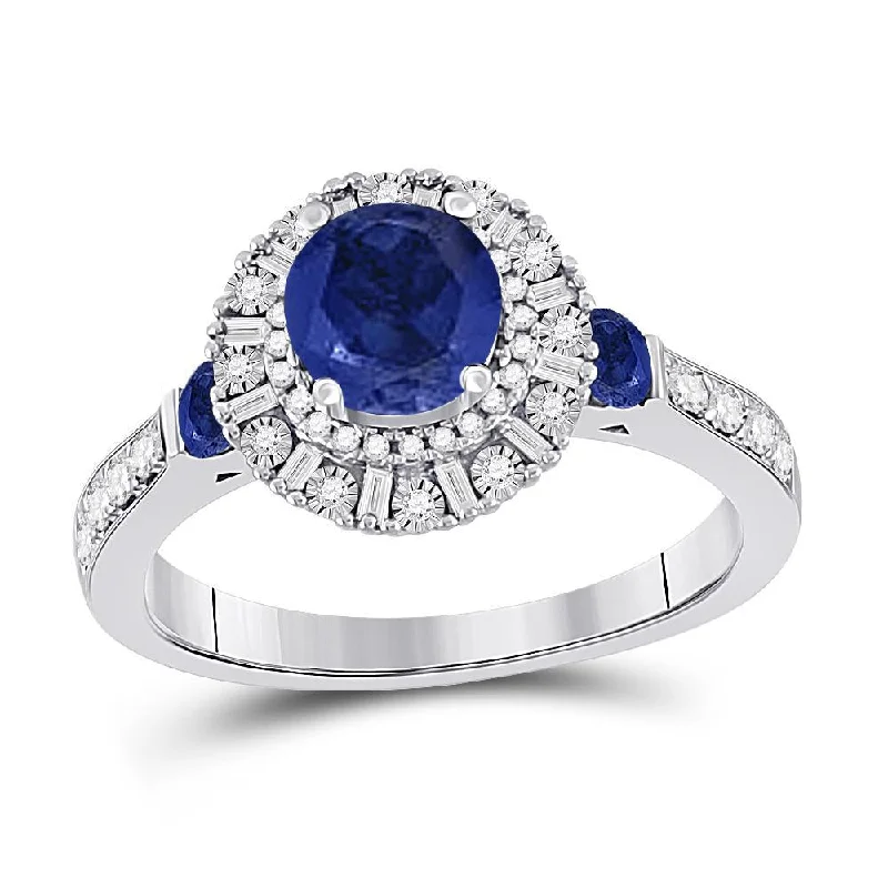 14kt White Gold Womens Round Blue Sapphire Diamond Halo Ring 1-3/4 Cttw