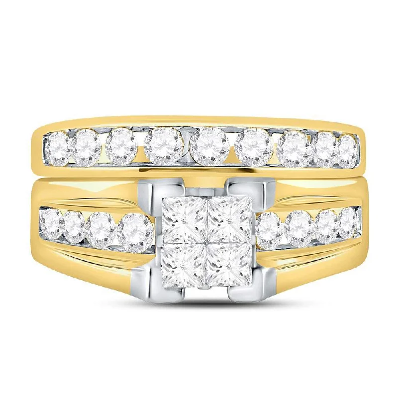 14kt Yellow Gold Princess Diamond Bridal Wedding Ring Band Set 1-1/2 Cttw