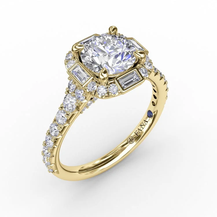 Cushion Shaped Diamond Halo Engagement Ring With Baguettes