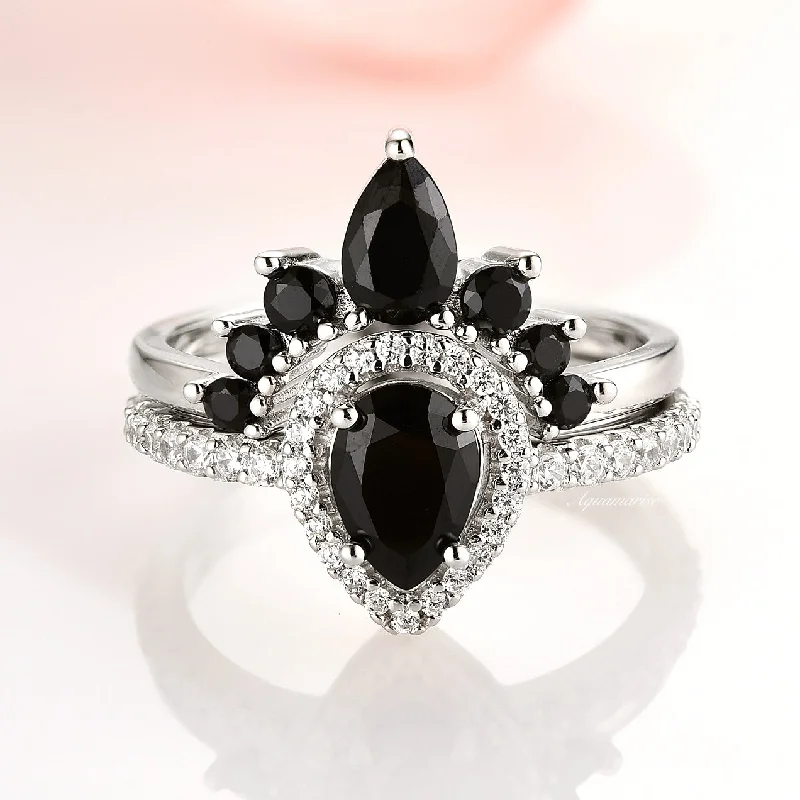 Amy Black Diamond (Onyx) Ring Set- 925 Sterling Silver