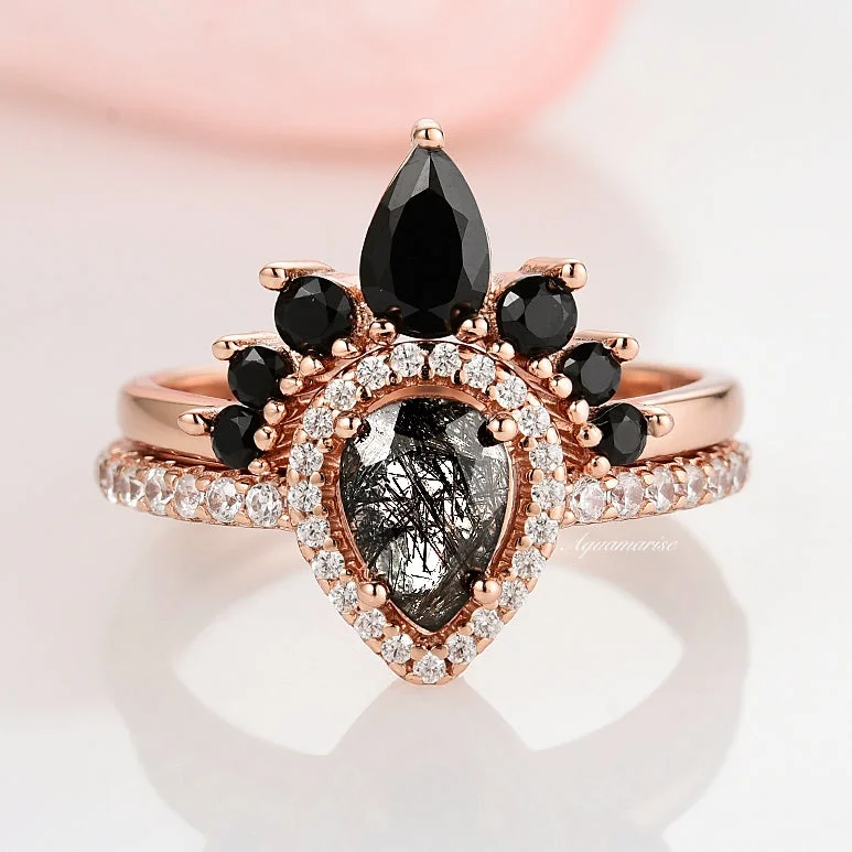 Amy Rutilated Quartz & Black Diamond (Onyx) Ring Set- 14K Rose Gold Vermeil