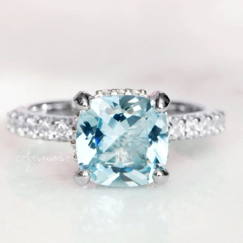 Cushion Hidden Halo Aquamarine Ring- Sterling Silver