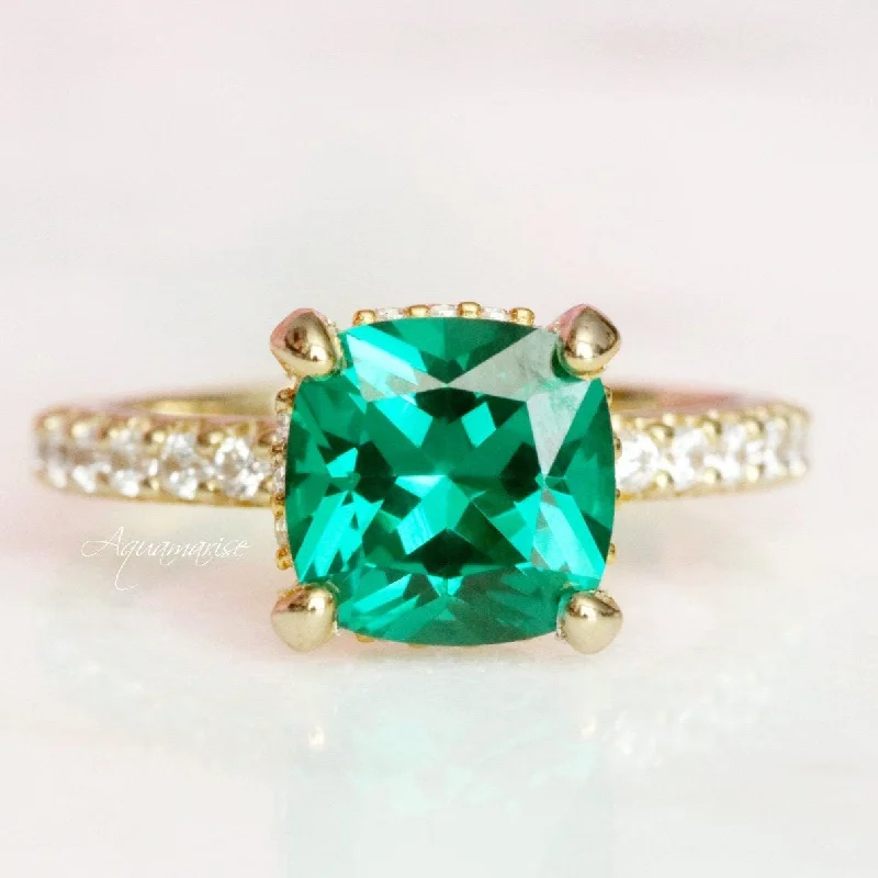 Cushion Hidden Halo Emerald Ring- 18K Yellow Gold Vermeil