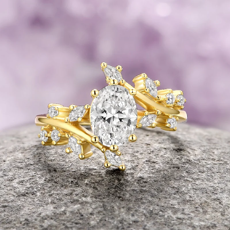 Diamond (cz) Leaf Fairy Engagement Ring- 14K Yellow Gold Vermeil