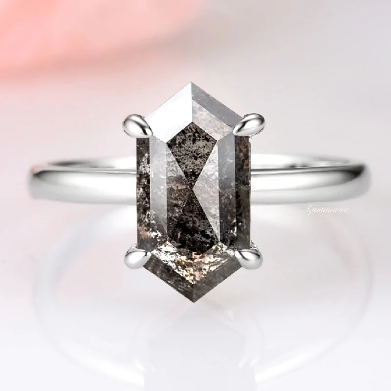 Hexagon Galaxy Raw Salt & Pepper (Herkimer) Diamond Ring- Sterling Silver