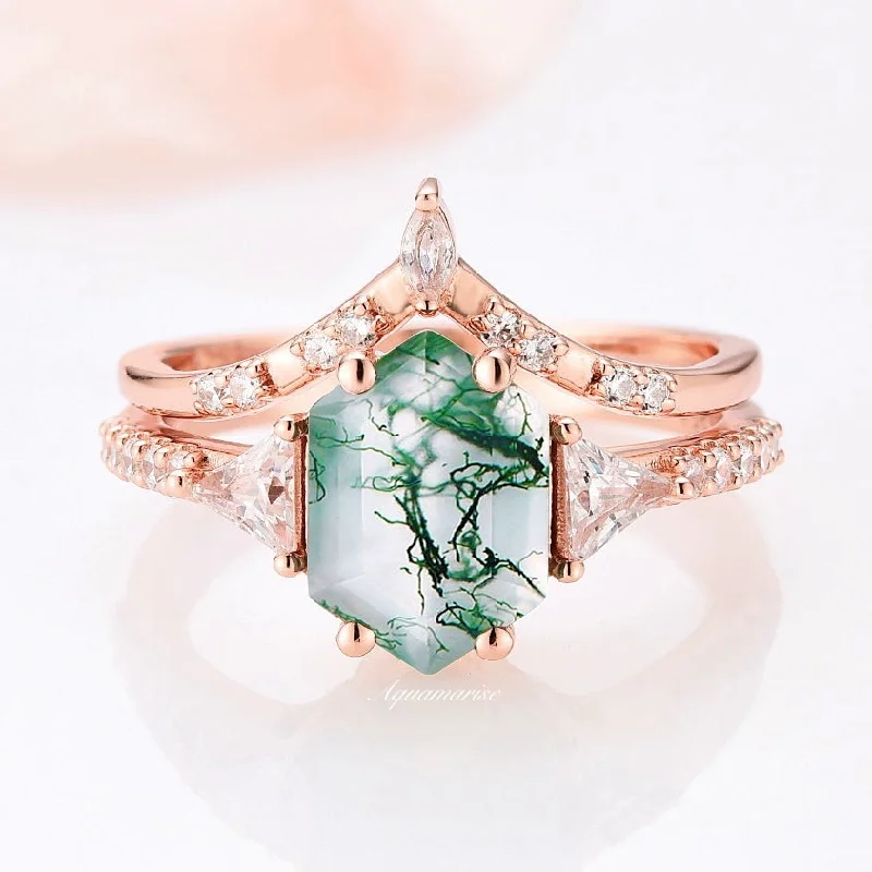 Hexagon Green Moss Agate Ring Set-14K Rose Gold Vermeil