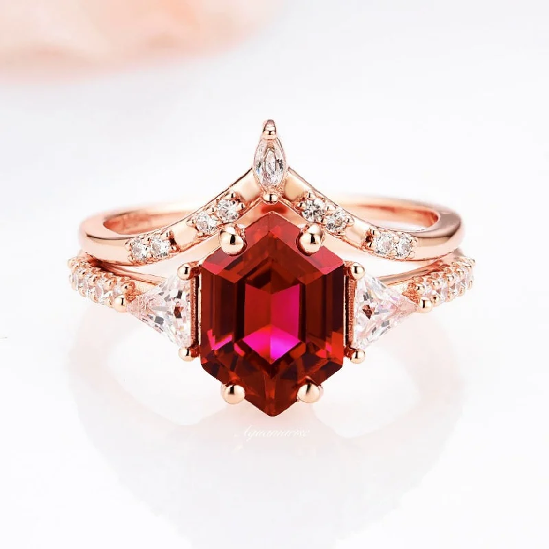 Hexagon Ruby Ring Set For Women- 14K Rose Gold Vermeil Gemstone Engagement Ring Dainty Promise Ring