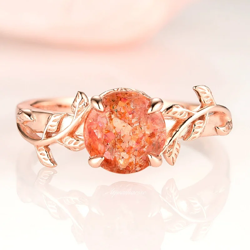 Natural Sunstone Leaf Ring- 14K Rose Gold Vermeil