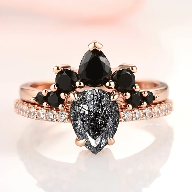 Rutilated Quartz & Black Onyx Ring Set- 14K Rose Gold Vermeil