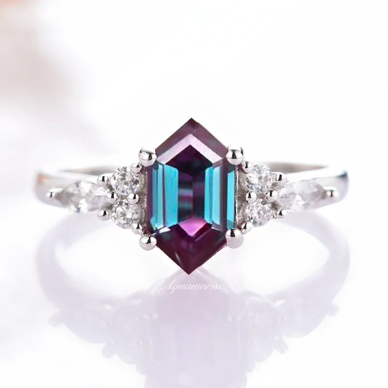 Sonnet Hexagon Teal & Purple Alexandrite Ring- Sterling Silver