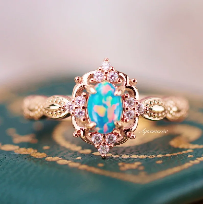 Vintage Blue Fire Opal Ring- 14K Rose Gold Vermeil