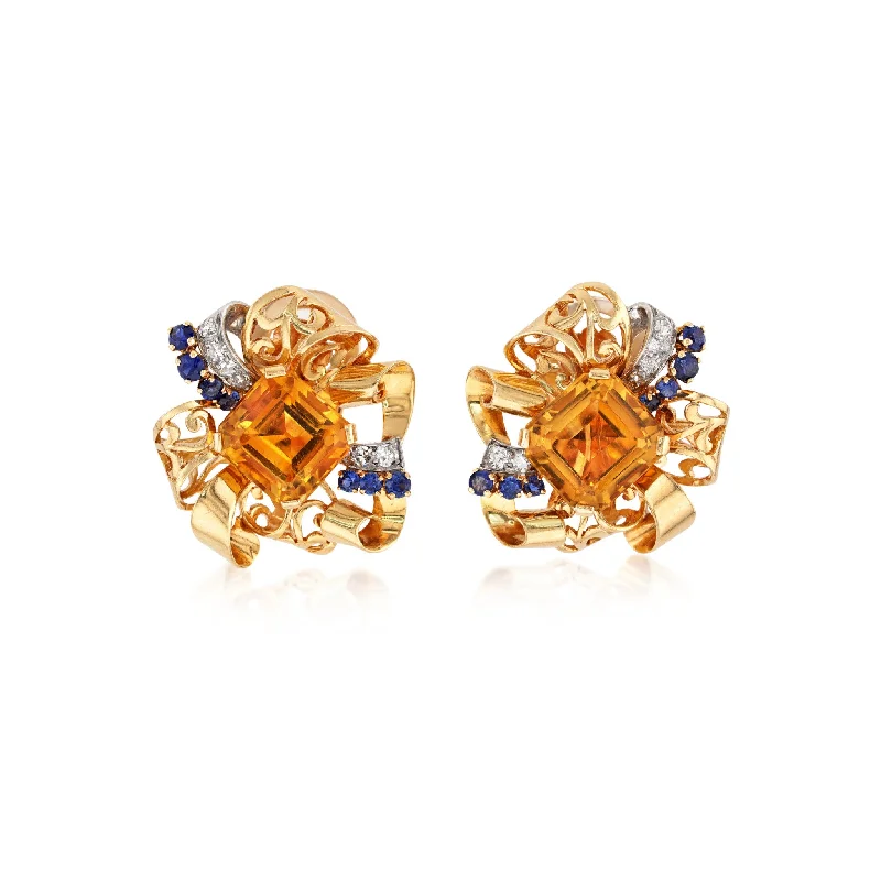 1940s 14KT Yellow Gold Citrine, Diamond & Sapphire Earrings