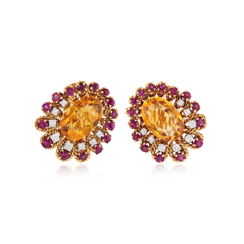 1950s 18KT Yellow Gold Citrine, Ruby & Diamond Earrings