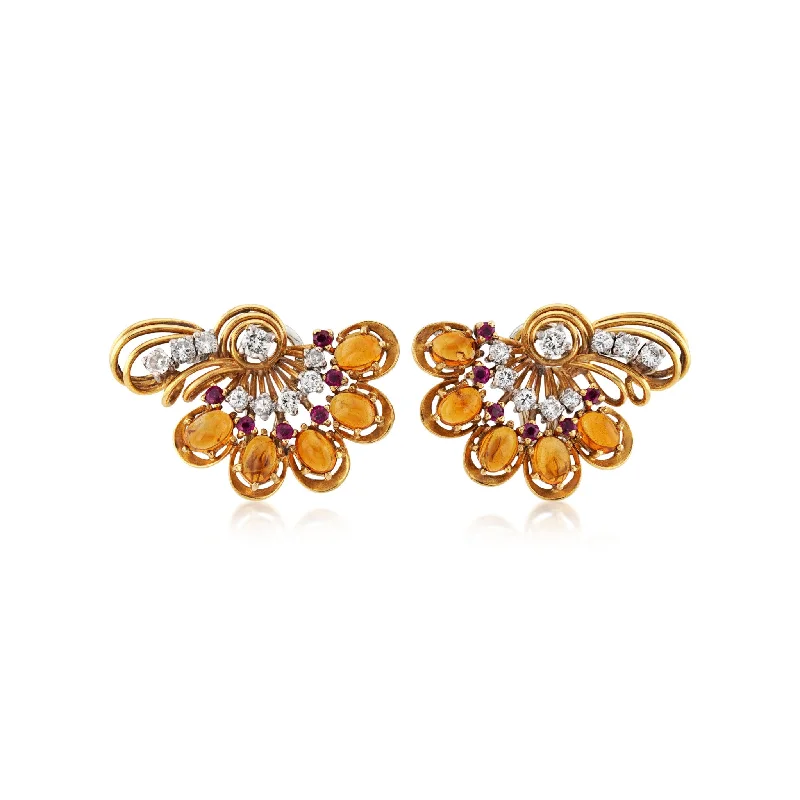 1950s Platinum & 18KT Yellow Gold Citrine, Diamond & Ruby Earrings