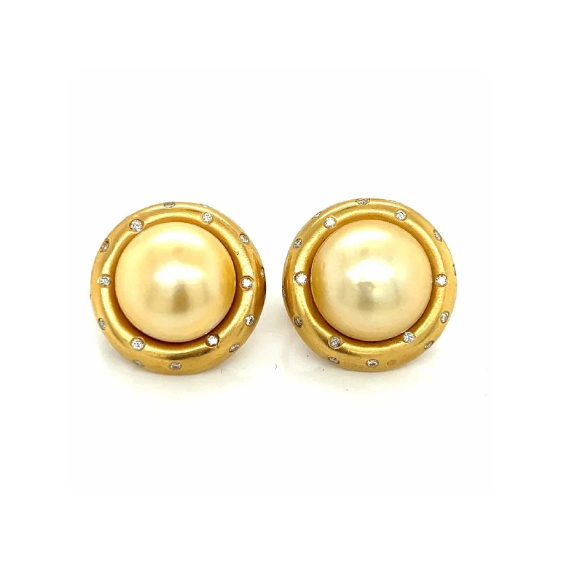 1980s 14KT Yellow Gold Cultured Pearl & Diamond Earrings