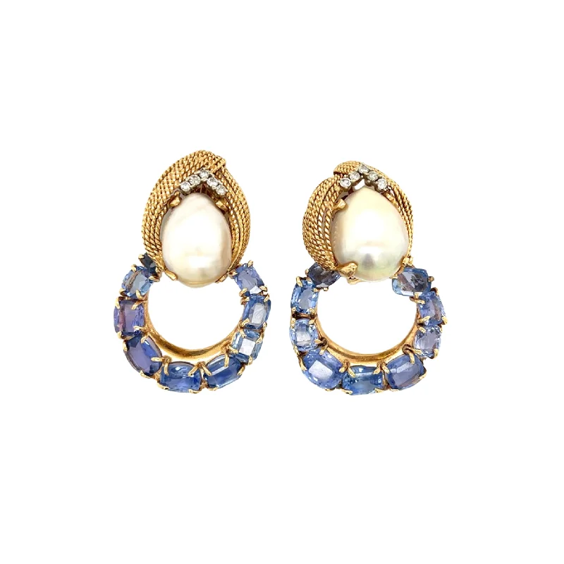 1980s 14KT Yellow Gold Sapphire, Diamond & Cultured Pearl Earrings