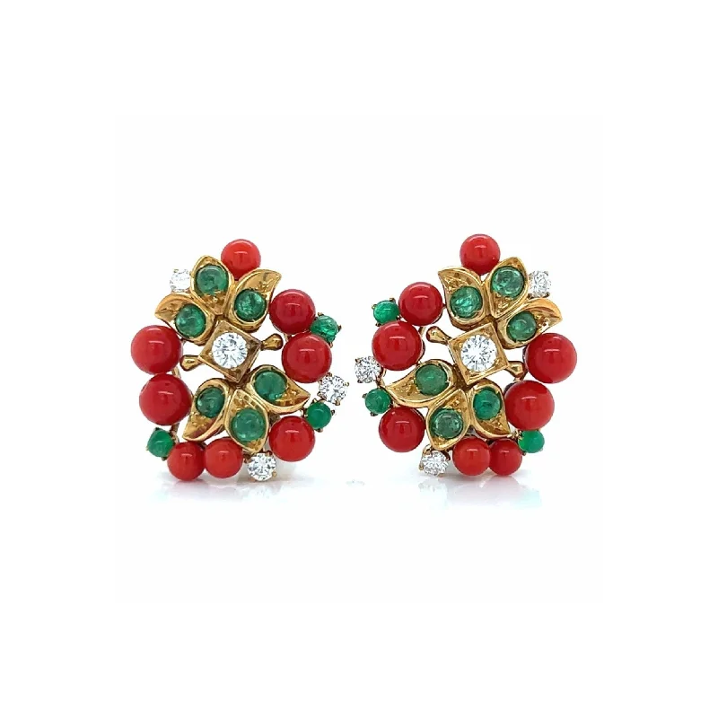 1980s 18KT Yellow Gold Coral, Diamond & Emerald Earrings