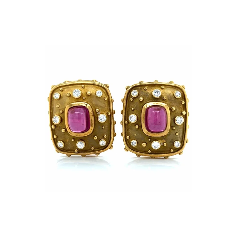 1980s 18KT Yellow Gold Diamond & Ruby Earrings