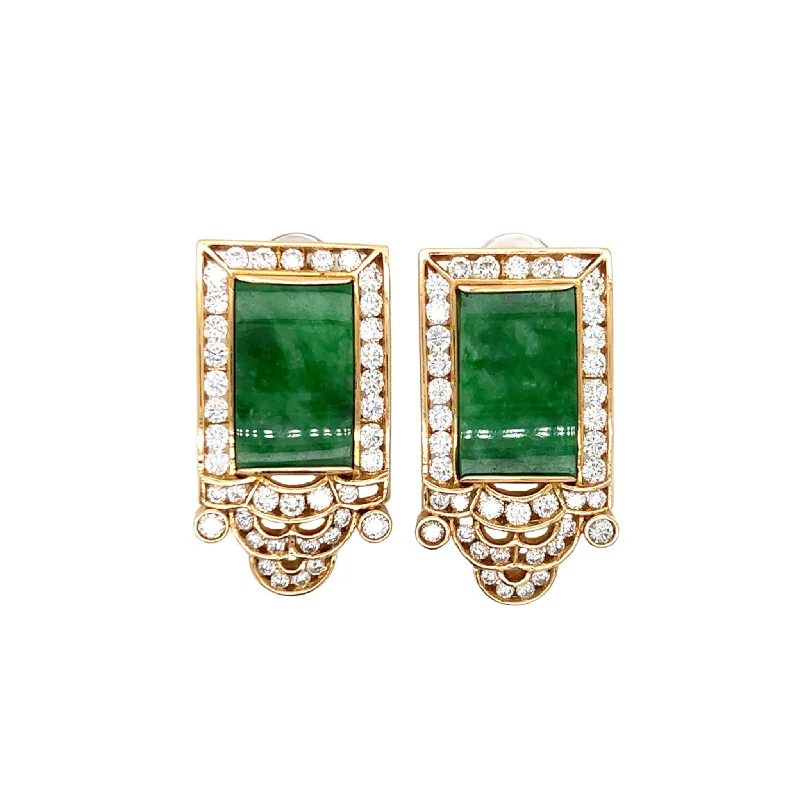 1980s 18KT Yellow Gold Jade & Diamond Earrings