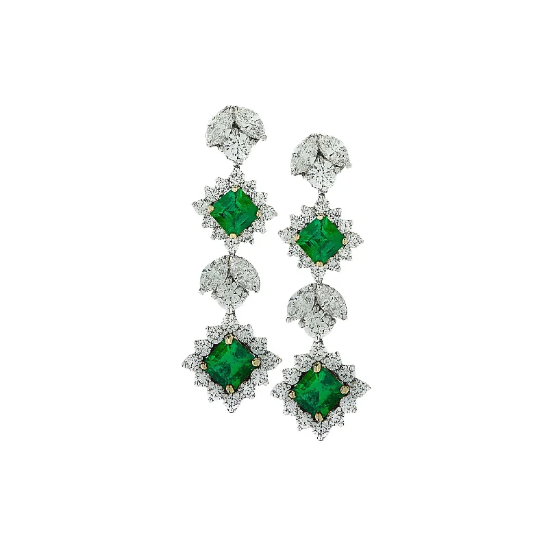 Contemporary Platinum & 18KT Yellow Gold Emerald & Diamond Earrings