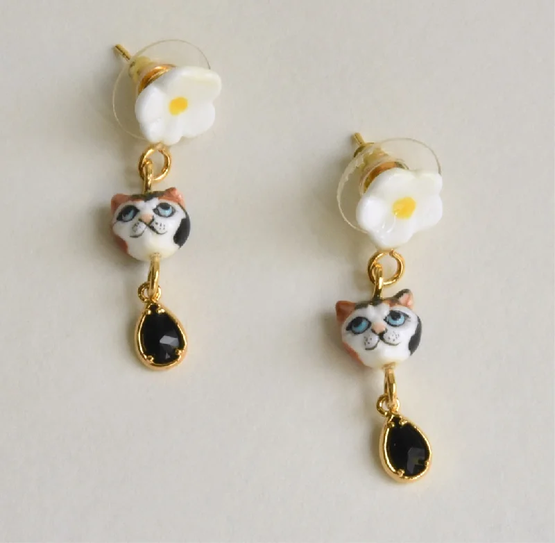 Daisy and Calico Cat Earrings with Gems