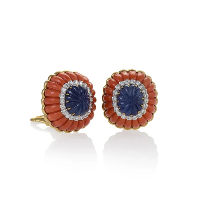 David Webb Post-1980s Platinum & 18KT Yellow Gold Sapphire, Coral & Diamond Earrings