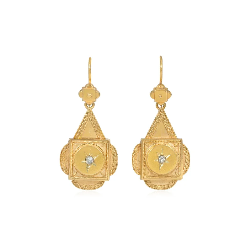 English Victorian 15KT Yellow Gold Diamond Earrings