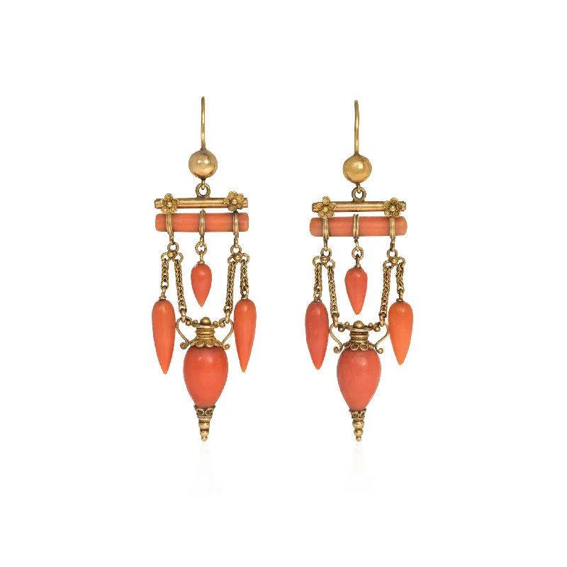 Etruscan Revival 18KT Yellow Gold Coral Earrings