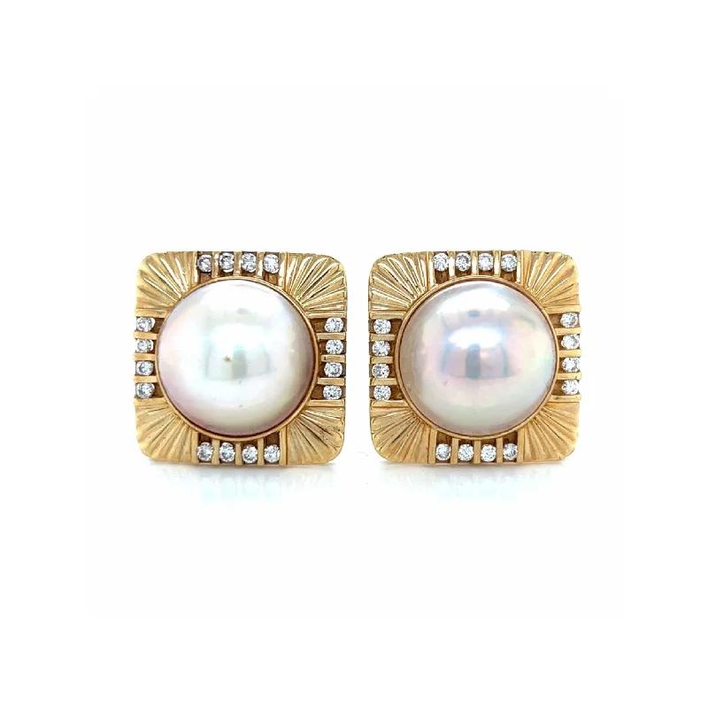 Post-1980s 14KT Yellow Gold Diamond & Cultured Pearl Earrings