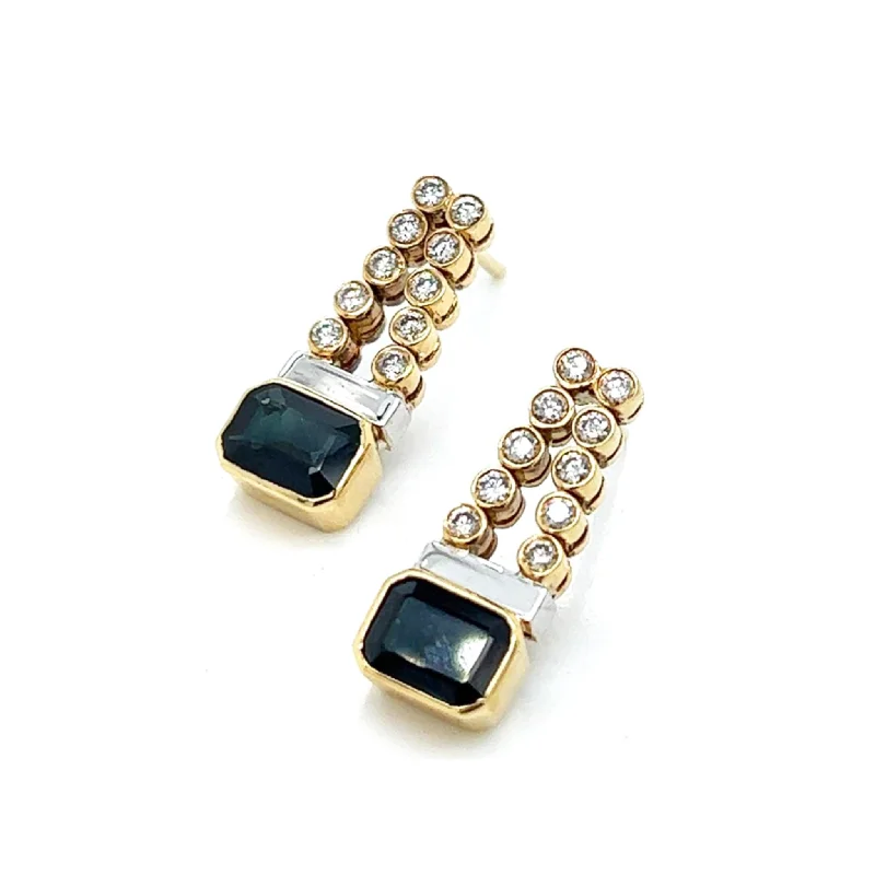 Post-1980s 18KT Yellow Gold Sapphire & Diamond Earrings