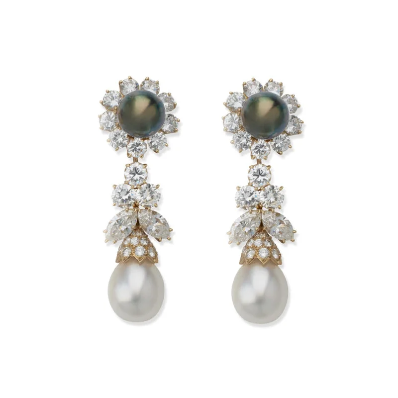 Van Cleef & Arpels France 1980s 18KT Yellow Gold Cultured Pearl & Diamond Earrings