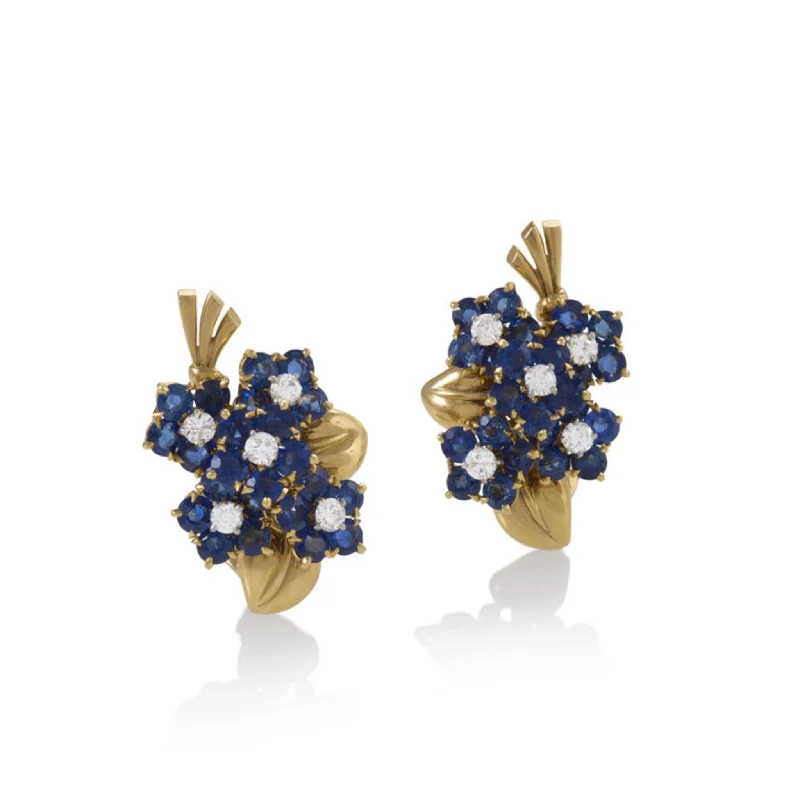 Van Cleef & Arpels Paris 1940s 18KT Yellow Gold Sapphire & Diamond Flower Earrings