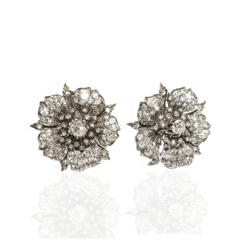 Victorian Rhodium Plated Diamond Flower Earrings