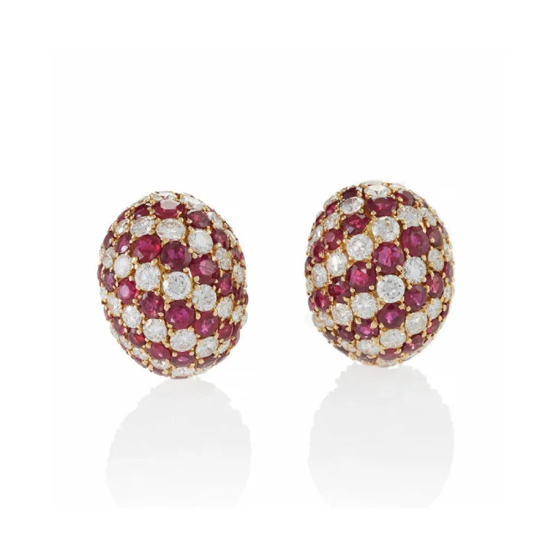 Yanes Madrid 1980s 18KT Yellow Gold Diamond & Ruby Bombé Earrings