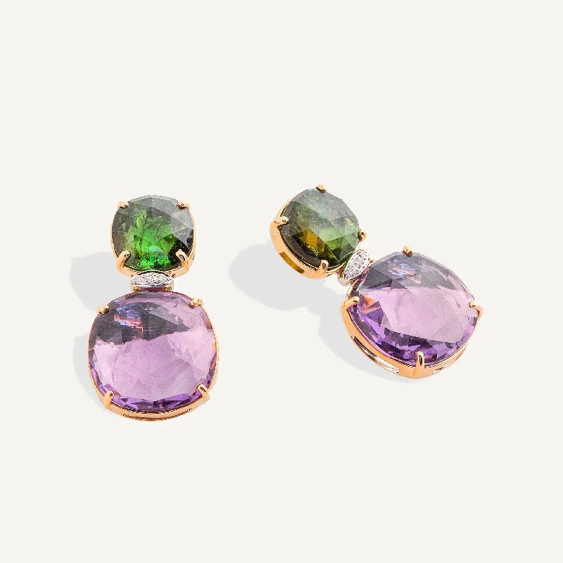 18K Yellow Gold Green Tourmaline and Amethyst Drop Earrings with Diamonds