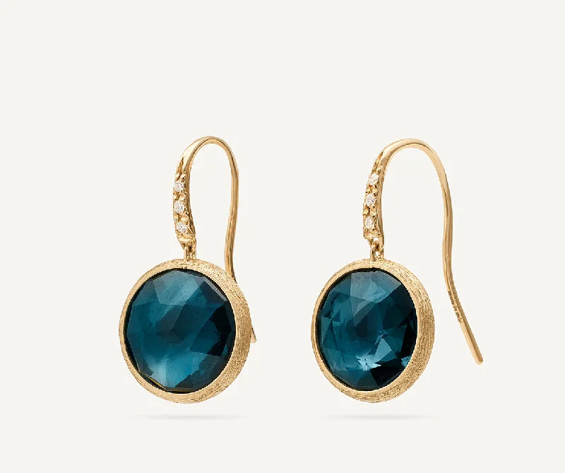 18K Yellow Gold London Blue Topaz Drop Earrings with Diamonds