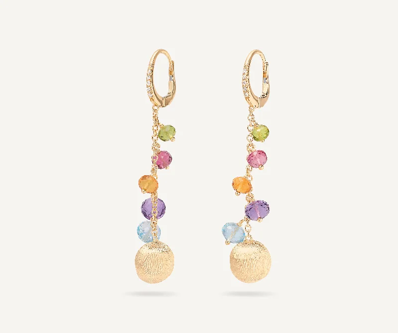 18K Yellow Gold Mixed Gemstone Long Drop Earrings with Diamond Pavé Clip