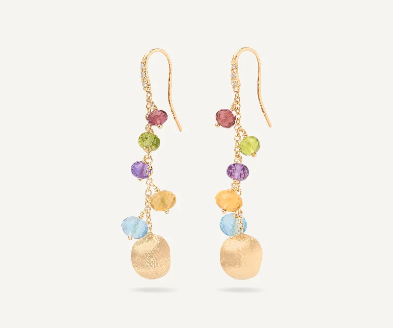 18K Yellow Gold Mixed Gemstone Long Drop Earrings with Diamond Pavé Hook