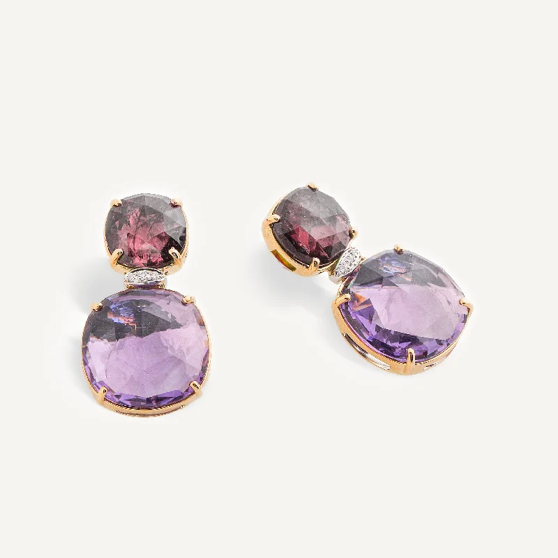 18K Yellow Gold Pink Tourmaline and Amethyst Drop Earrings with Diamonds