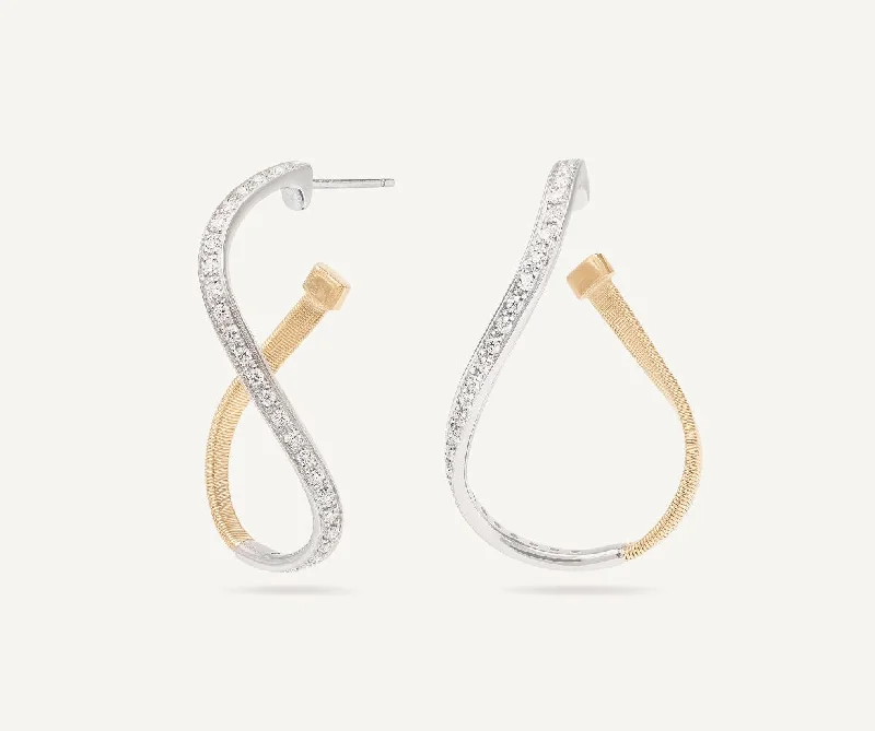 18K Yellow Gold Twisted Irregular Small Hoops with Diamond Pavé