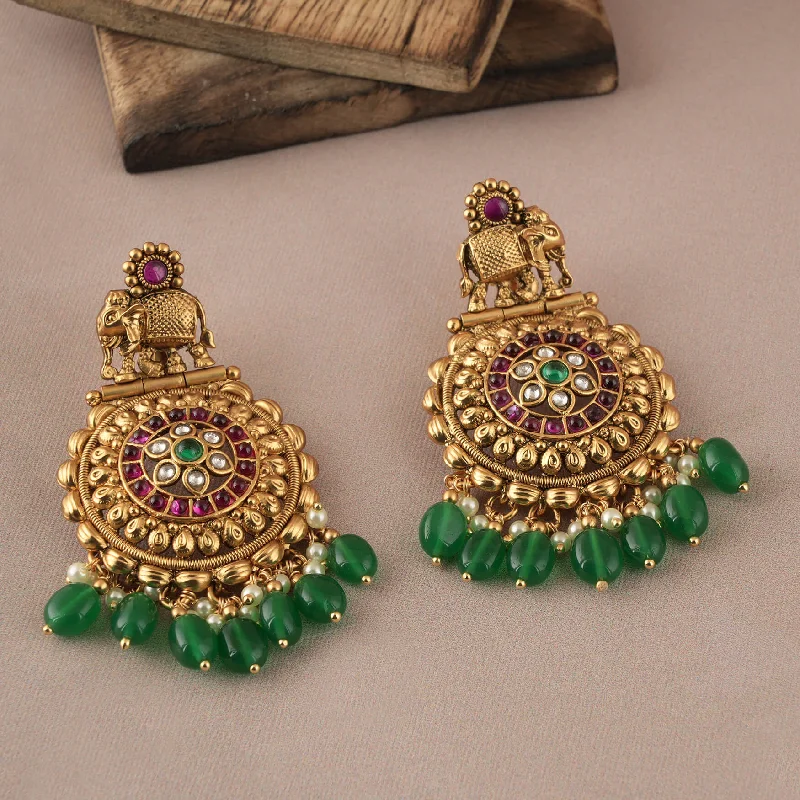 Antique gold plated green drop stone earring