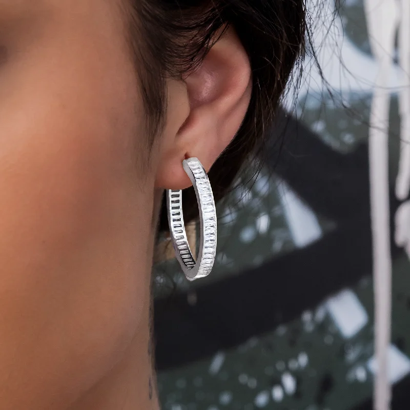 Baguette Hoop Stud Earrings in White Gold