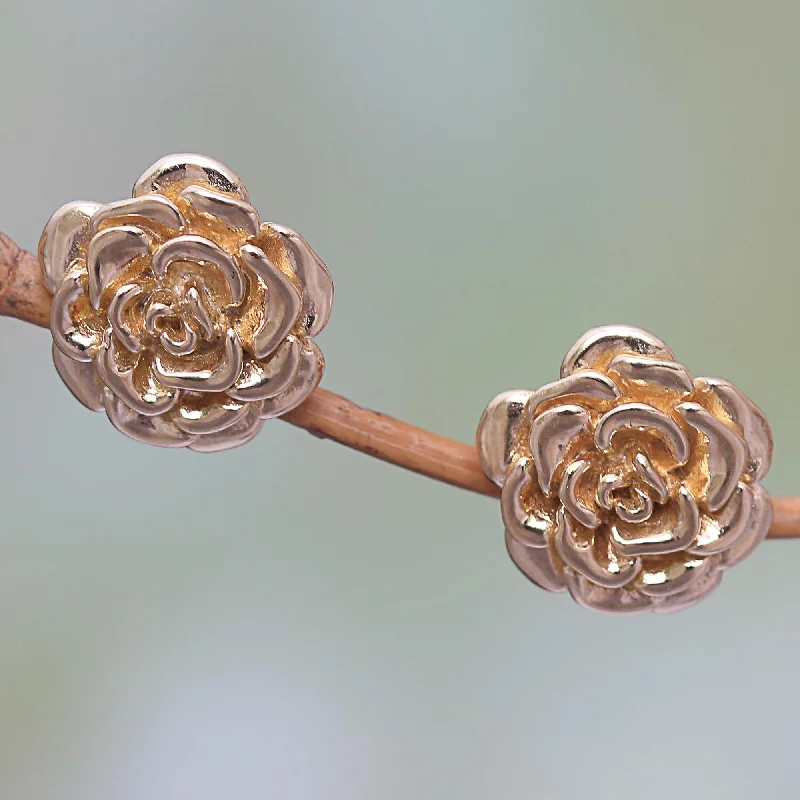 Blooming Rose 18k Gold Plated Sterling Silver Rose Stud Earrings (.5 inch)